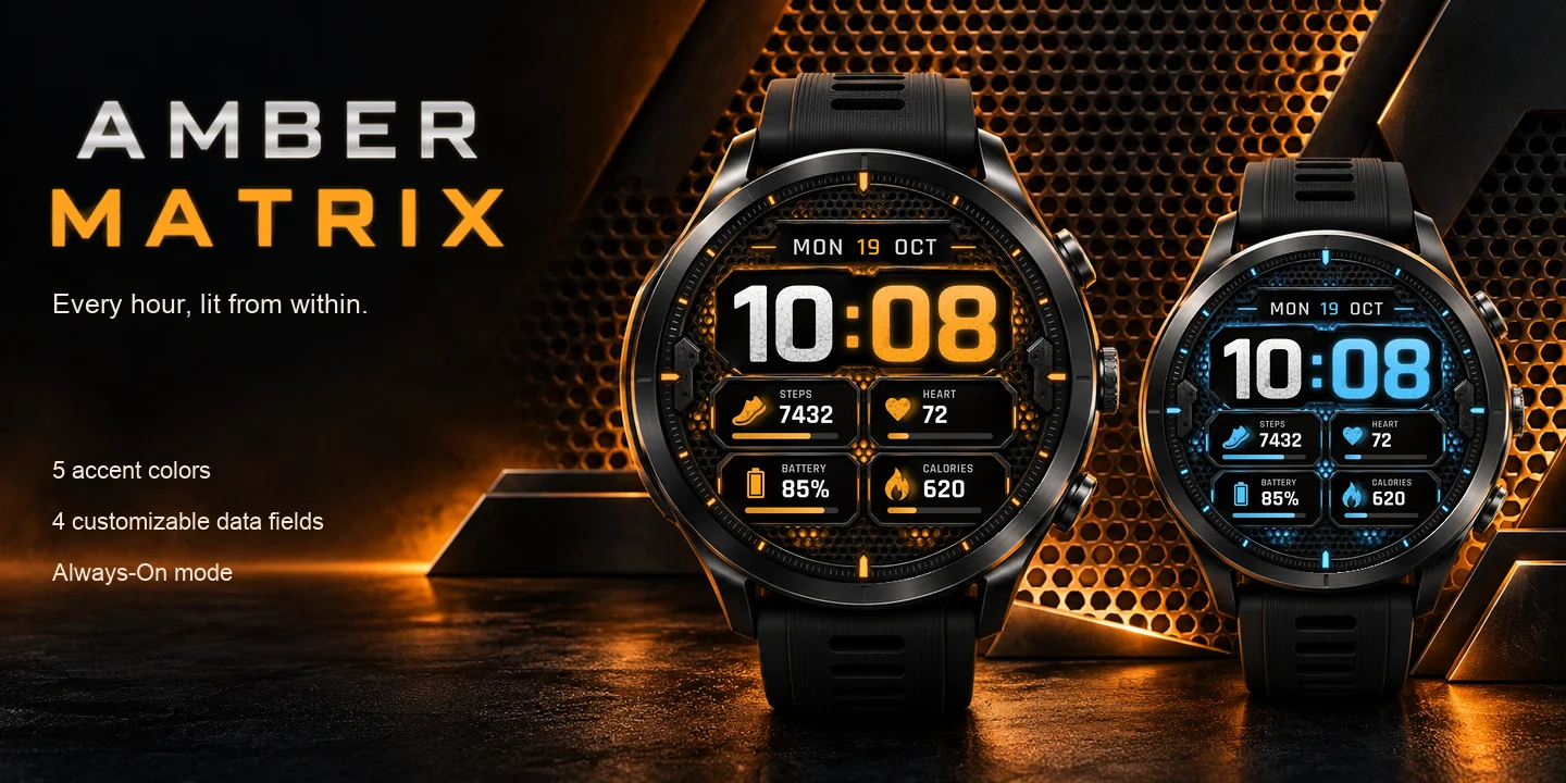 Amber Matrix on watches in several accent colors, a back-lit honeycomb grid with a big textured time and four data fields