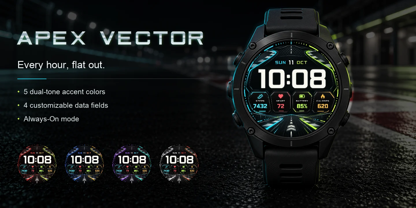 Apex Vector on a watch, night pit lane