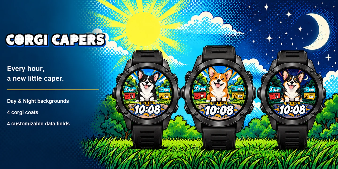 Corgi Capers en tres relojes: Negro Día, Rojo Día y Tricolor Noche