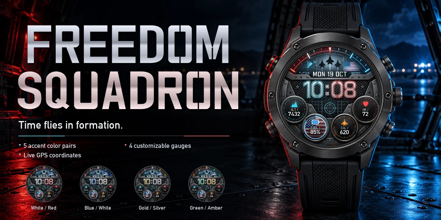 Freedom Squadron au poignet, trois chasseurs en formation sur fibre de carbone en lumière rouge et cyan