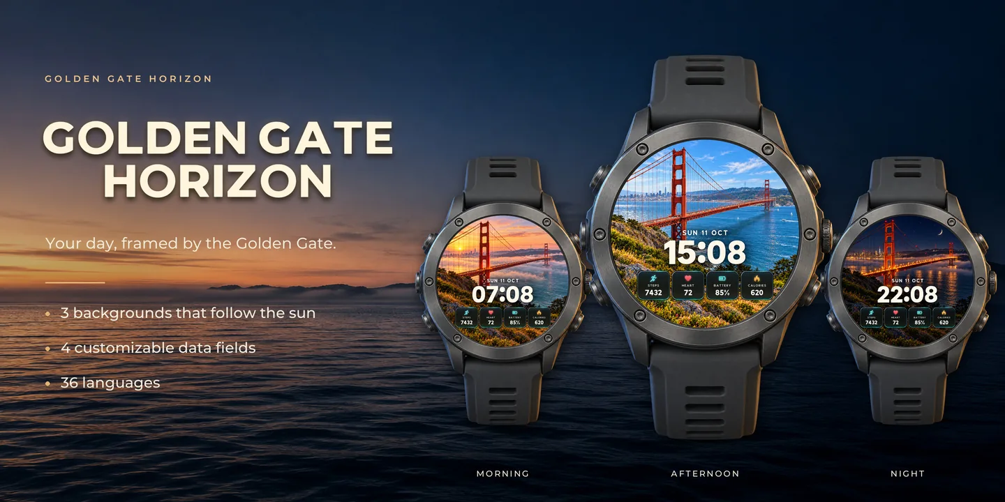 Golden Gate Horizon em três relógios: Manhã, Tarde e Noite