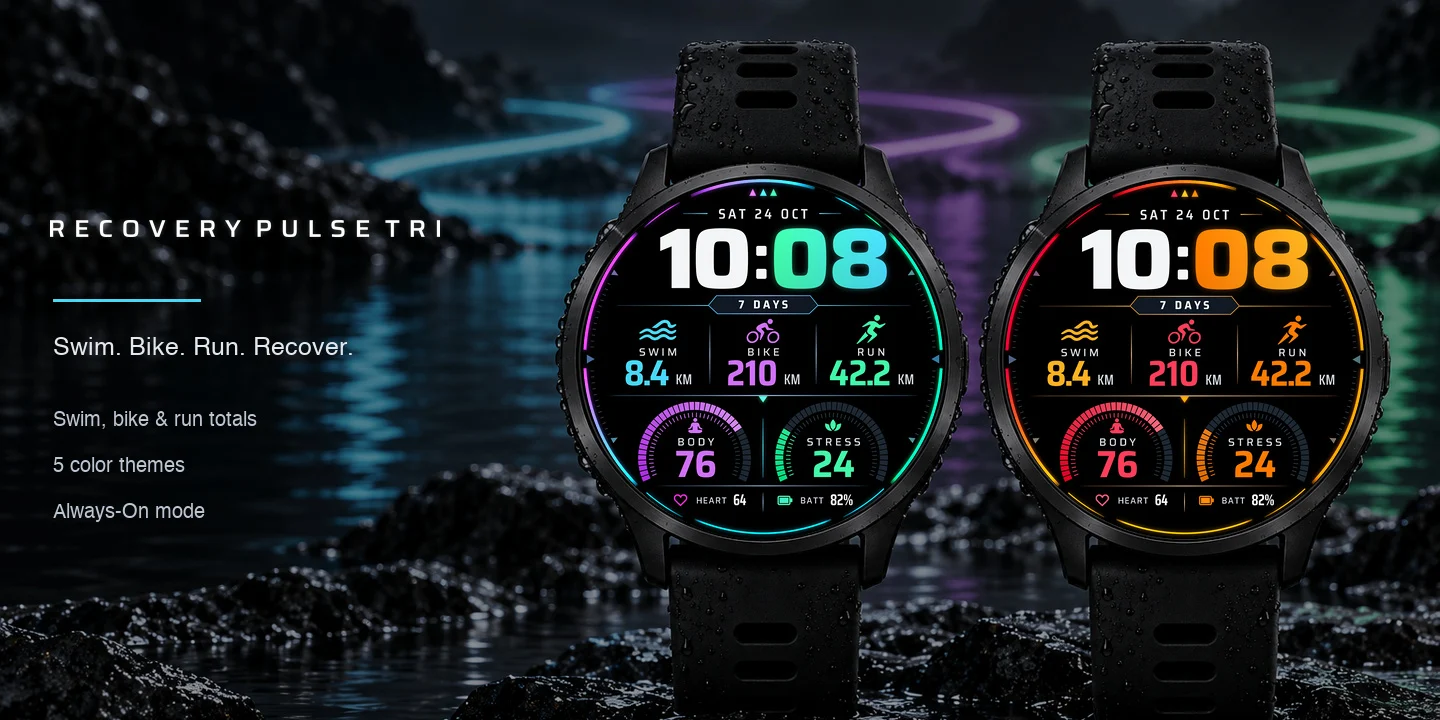 Recovery Pulse Tri em relógios com vários temas de cores, totais de natação, bike e corrida e dois arcos