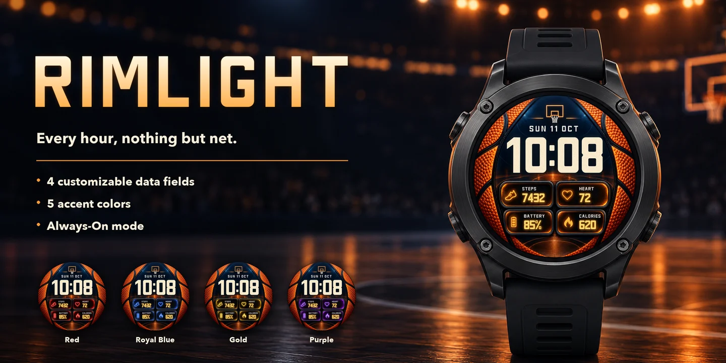 Rimlight on a watch, basketball arena at night
