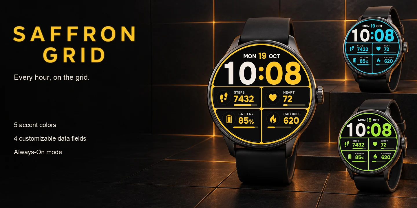 Saffron Grid on watches in several accent colors, a saffron ring and grid with a big time and four data tiles
