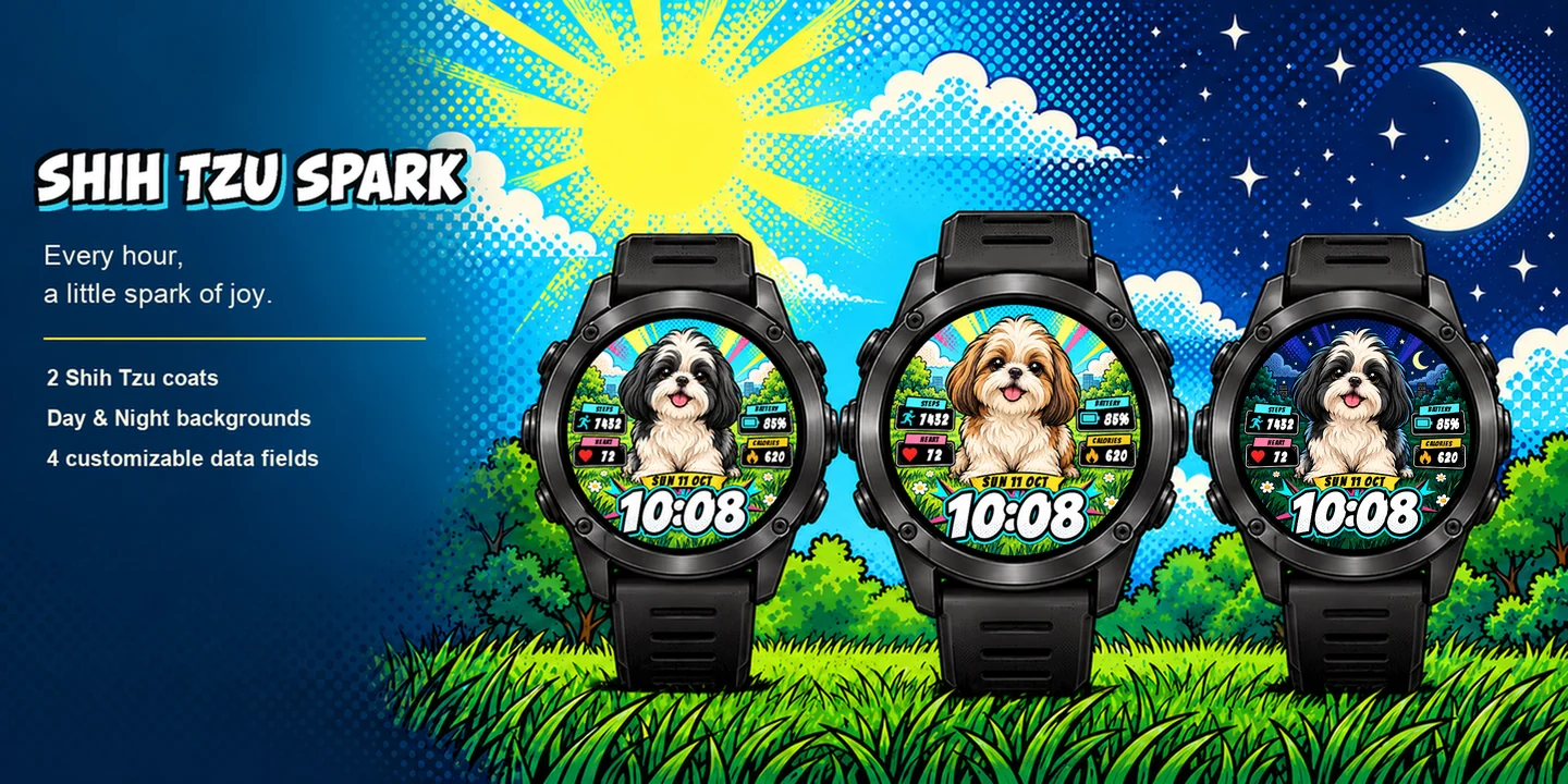 Shih Tzu Spark em três relógios: Preto Dia, Marrom Dia e Preto Noite