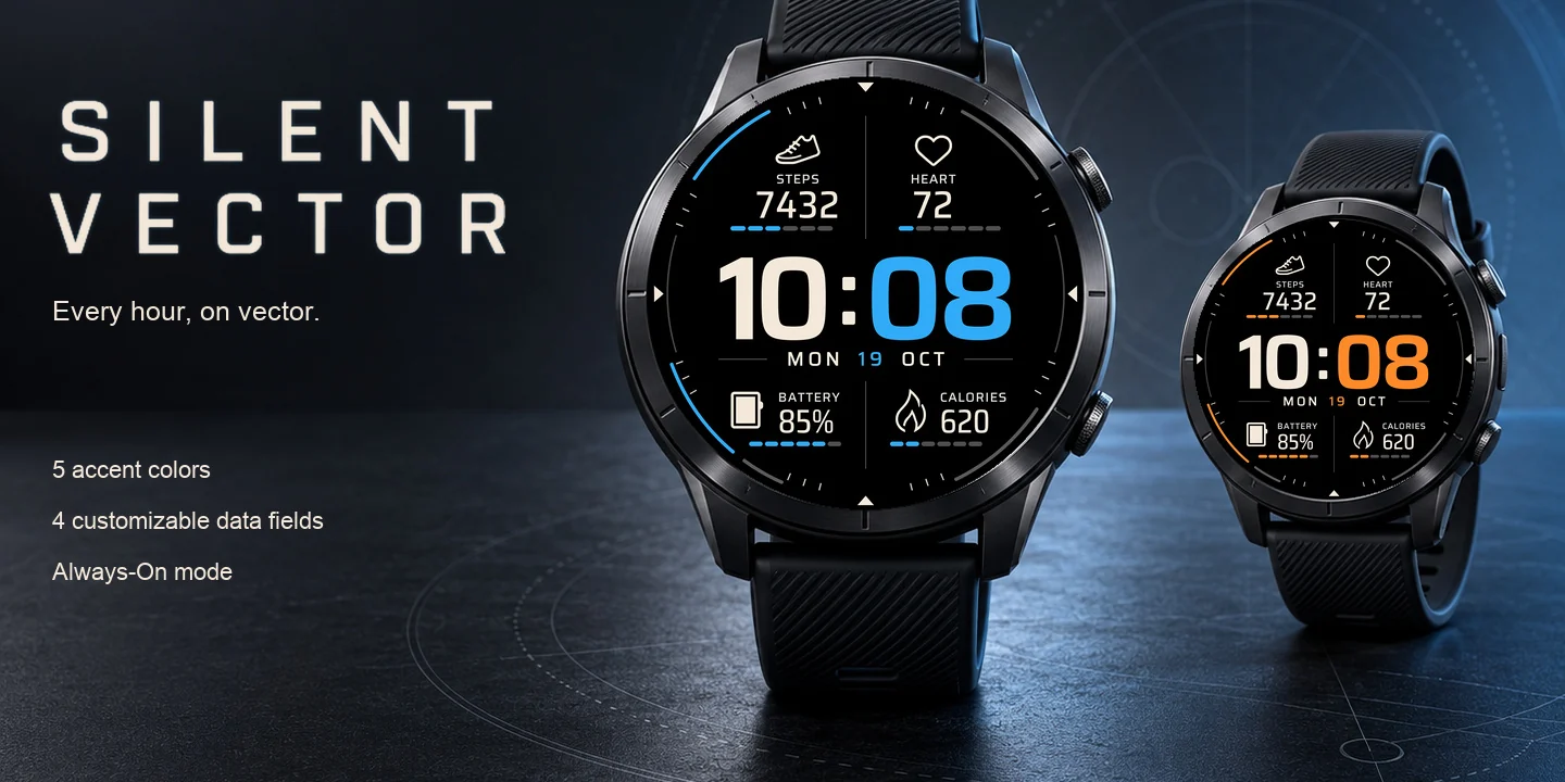 Silent Vector sur deux montres, noir pur avec heures crème, minutes bleues et orange et quatre quadrants de données