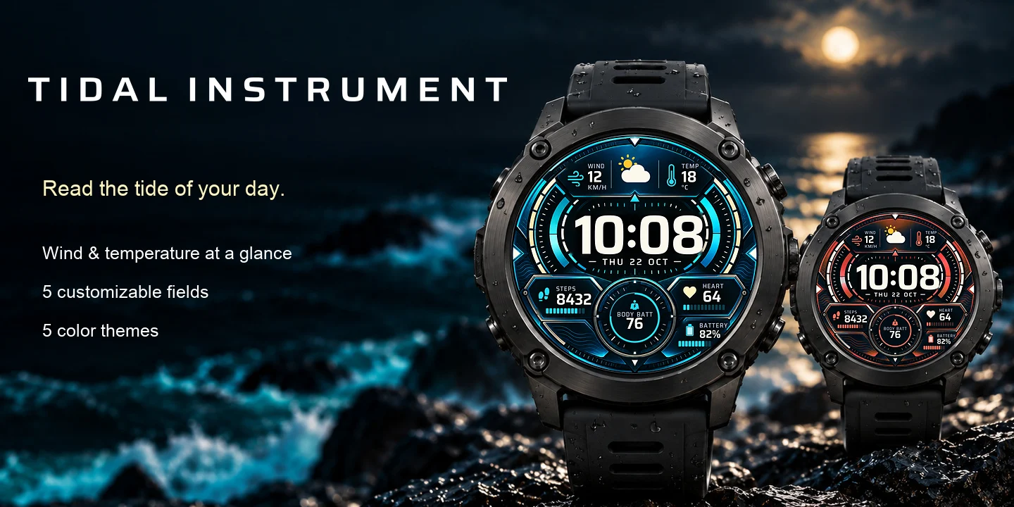 Tidal Instrument em relógios com vários temas de cores, com vento, temperatura, passos, frequência cardíaca e Body Battery