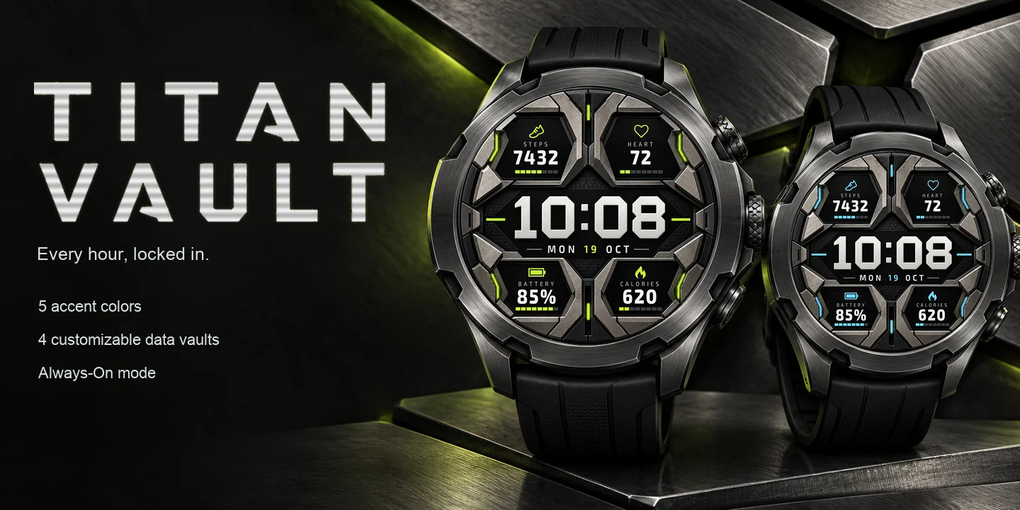 Titan Vault en dos relojes, placas de titanio cepillado con acento lima y azul hielo y cuatro cofres de datos